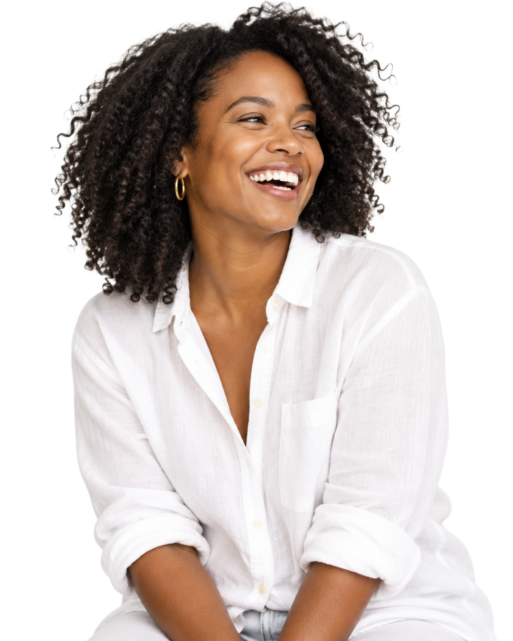 Smiling woman in a white linen shirt