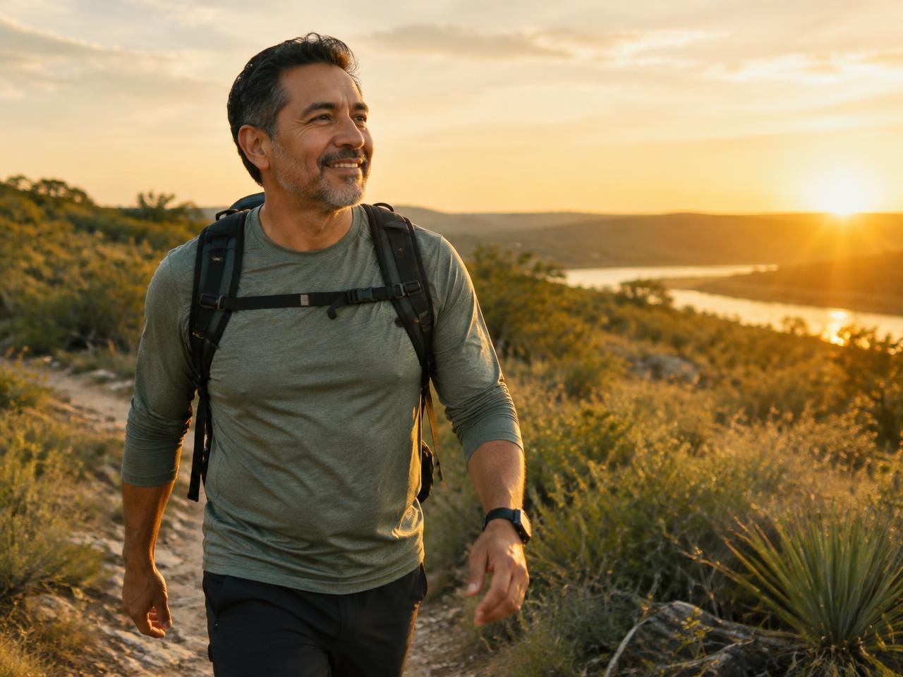 Man on a sunrise walk along a Texas trail